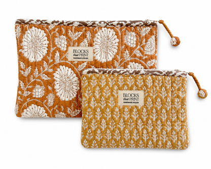 SET OF 2 HAND BLOCK PRINT QUILTED POUCHES - KESARIYA