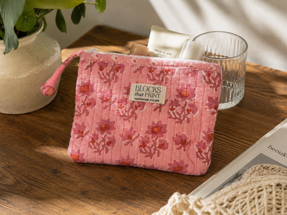 PINK DAISIES HAND BLOCK PRINT SMALL QUILTED FLAT POUCH