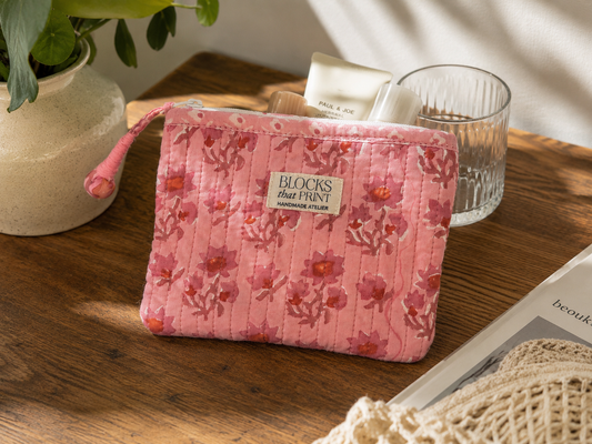 PINK DAISIES HAND BLOCK PRINT SMALL QUILTED FLAT POUCH