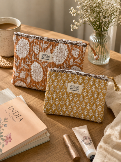 SET OF 2 HAND BLOCK PRINT QUILTED POUCHES - KESARIYA