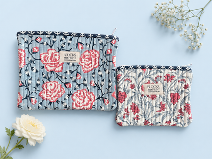 SET OF 2 HAND BLOCK PRINT QUILTED POUCHES - AMER GARDENS