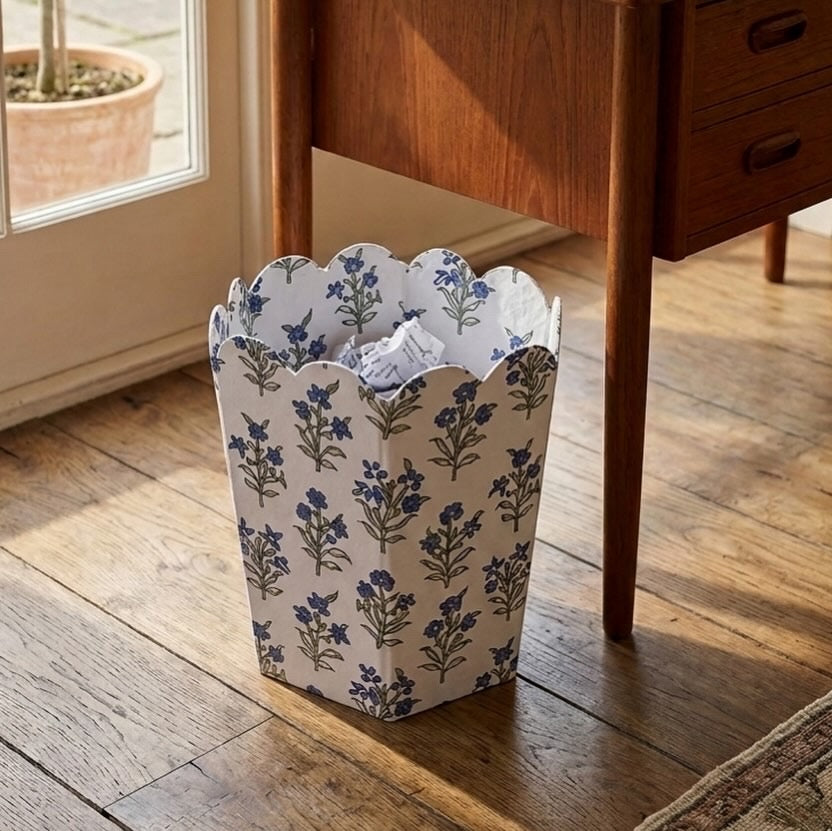 PRE ORDER - BLUE FLORAL HAND BLOCK PRINT WASTE BIN (COLLAPSIBLE)