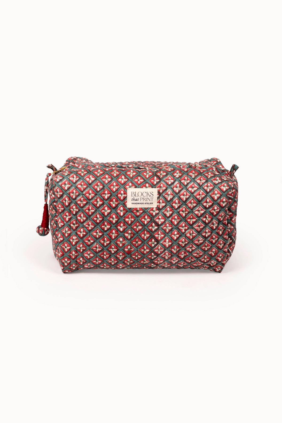 Large Block Print Quilted Travel Pouch - Holiday Crimson