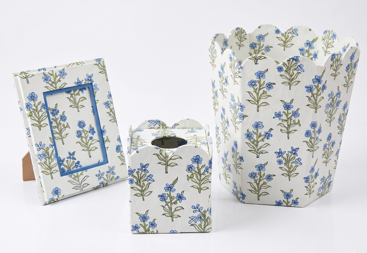 Blue White Hand Block Print Tissue Box with frame and bin
