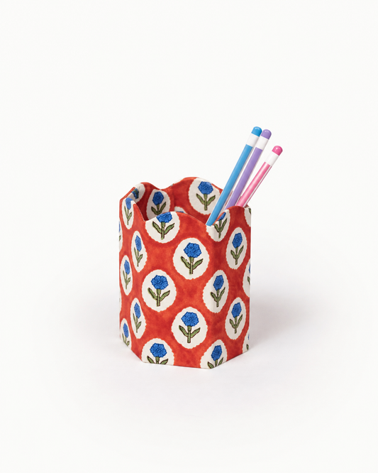 Block Print Pencil Holder -  Crimson Buta (Collapsible)