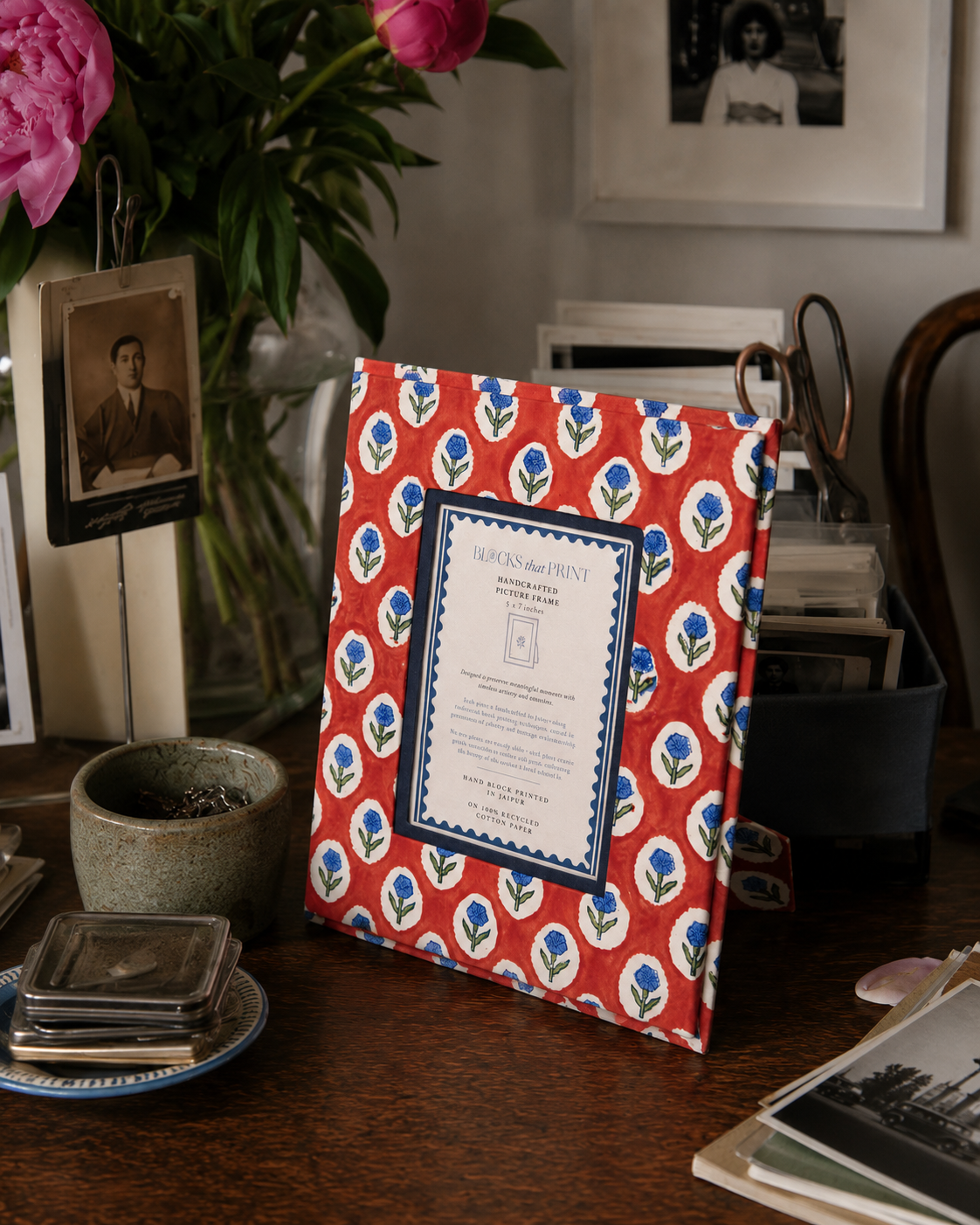 Medium Block Print Photo Frame (4 by 6) - Crimson Buta