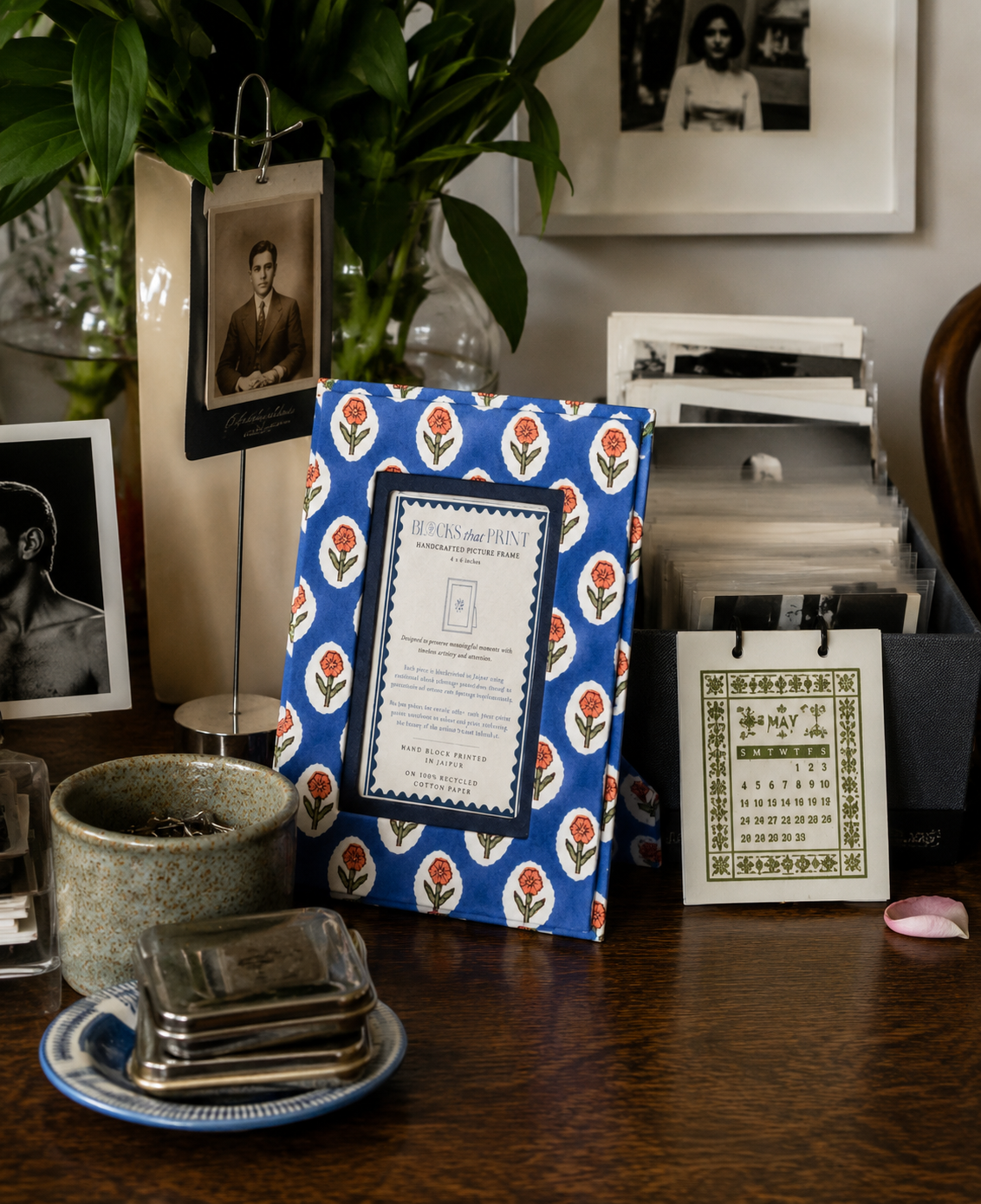Medium Block Print Photo Frame (4 by 6) - Cobalt Marigold