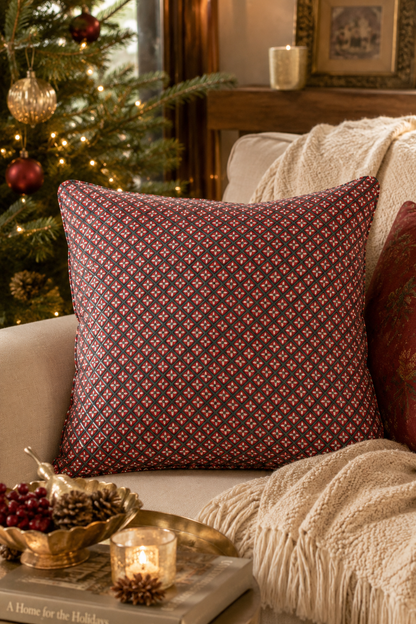 Holly & Berry Holiday Crimson Piped Blockprint Pillow Cover