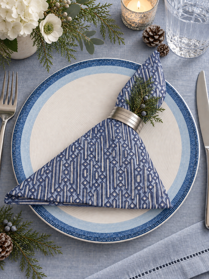 Parijat Blue Geometric Large Block Print Napkins (Set of 4)