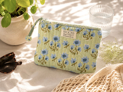 GREEN DAISIES HAND BLOCK PRINT SMALL QUILTED FLAT POUCH