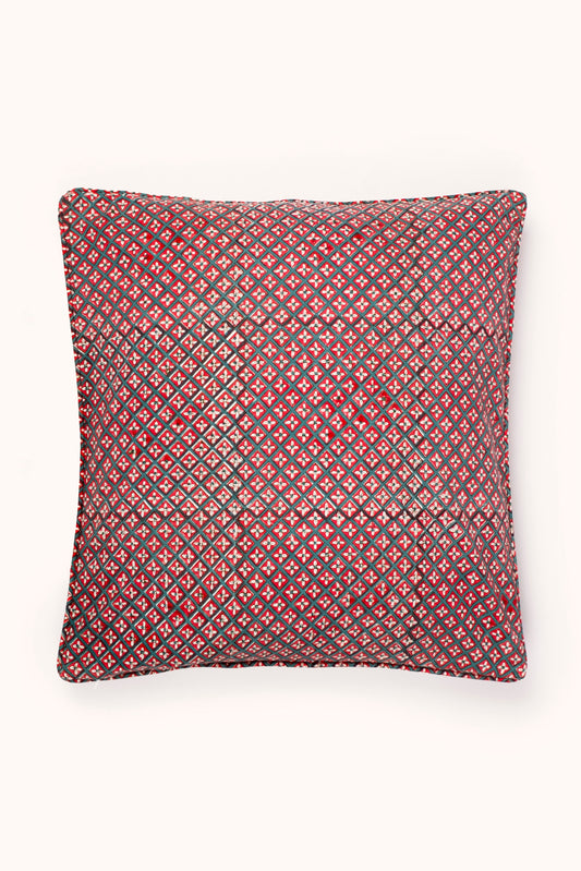 Holly & Berry Holiday Crimson Piped Blockprint Pillow Cover