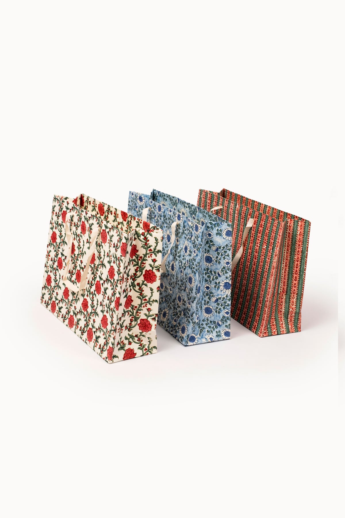 Large (Set of 3) Floral & Stripes Gift Bags - Block Print