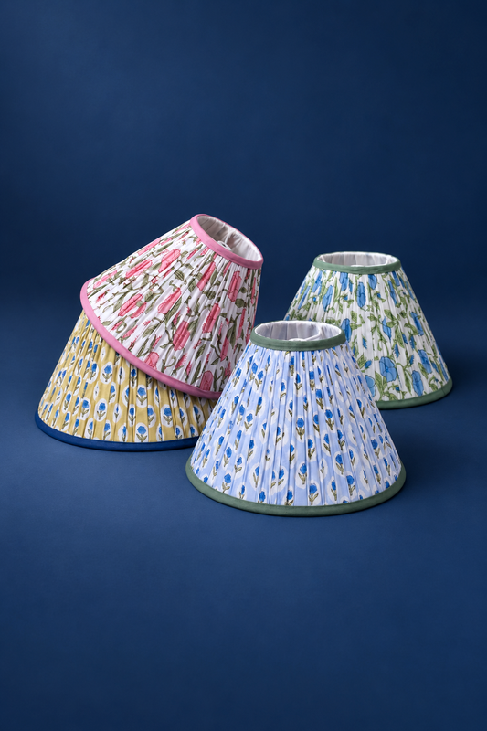 PRE ORDER - 14” Pleated Blockprint Lampshade -  Tea Rose Powder Blue