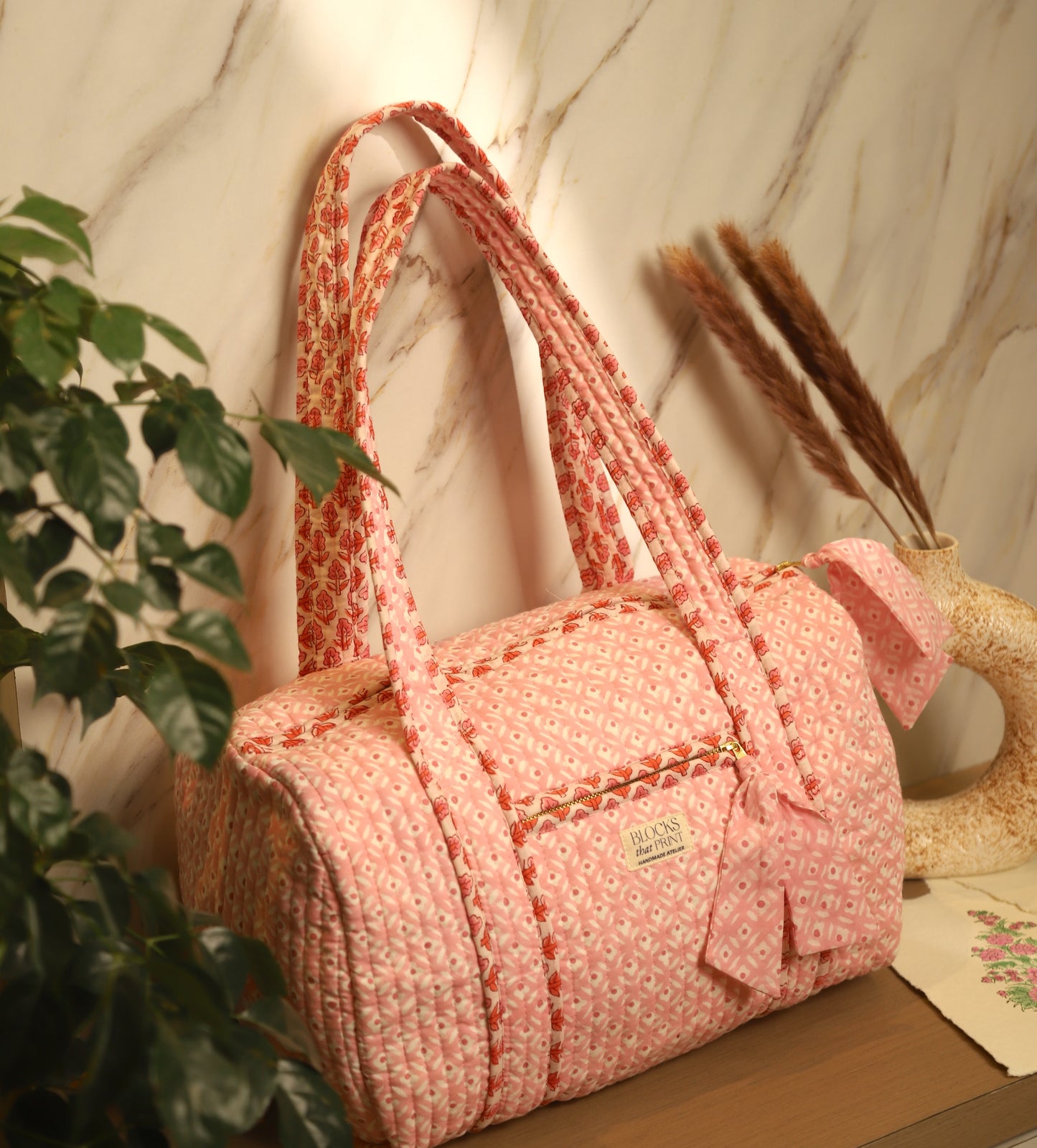 PINK GEOMETRIC BLOCK PRINTED DUFFLE BAG - MEDIUM