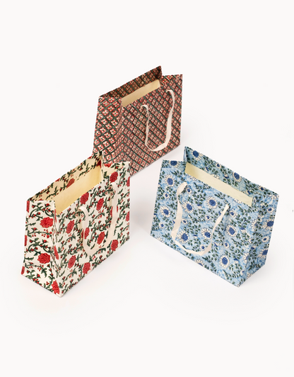Medium (Set of 3) Floral & Stripes Gift Bags - Block Print