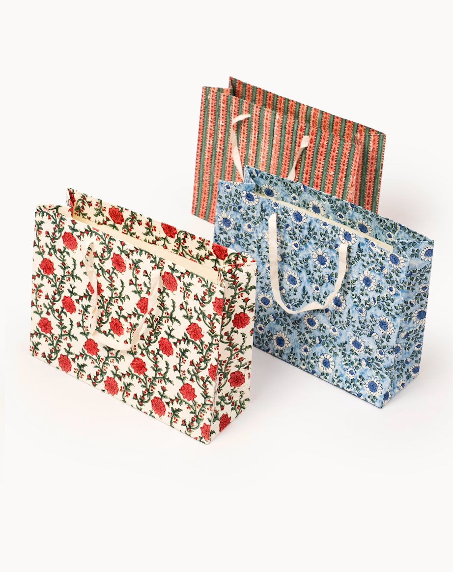 Large (Set of 3) Floral & Stripes Gift Bags - Block Print