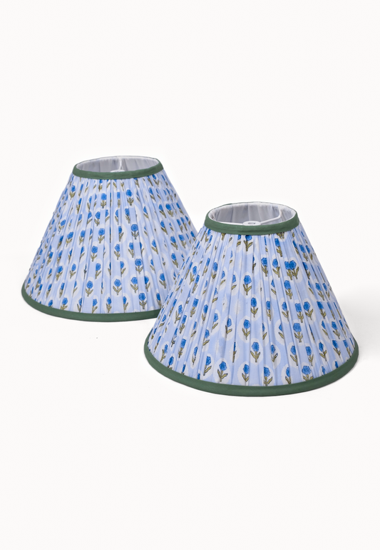 PRE ORDER - 12” Pleated Blockprint Lampshade -  Tea Rose Powder Blue
