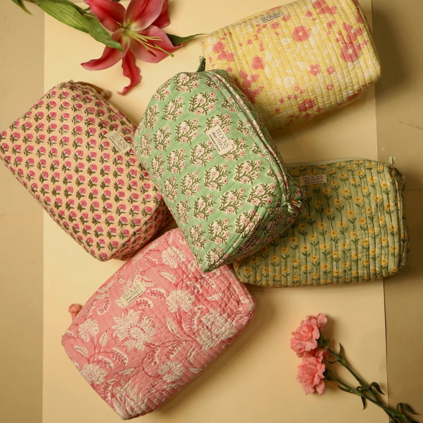 Green Bougainvillea Hand Block Print Pouch - Large