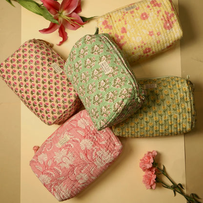 Green Bougainvillea Hand Block Print Pouch - Large