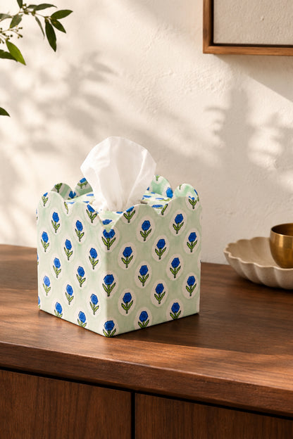 Block Print Tissue Box Cover - Mint (Collapsible)