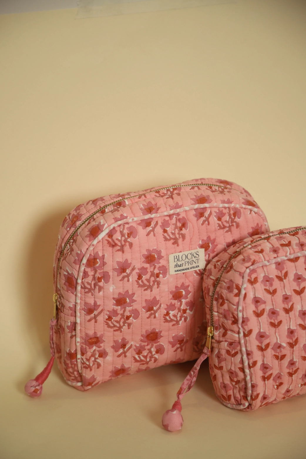 PINK VINE BLOCK PRINTED TRAVEL POUCH - LARGE