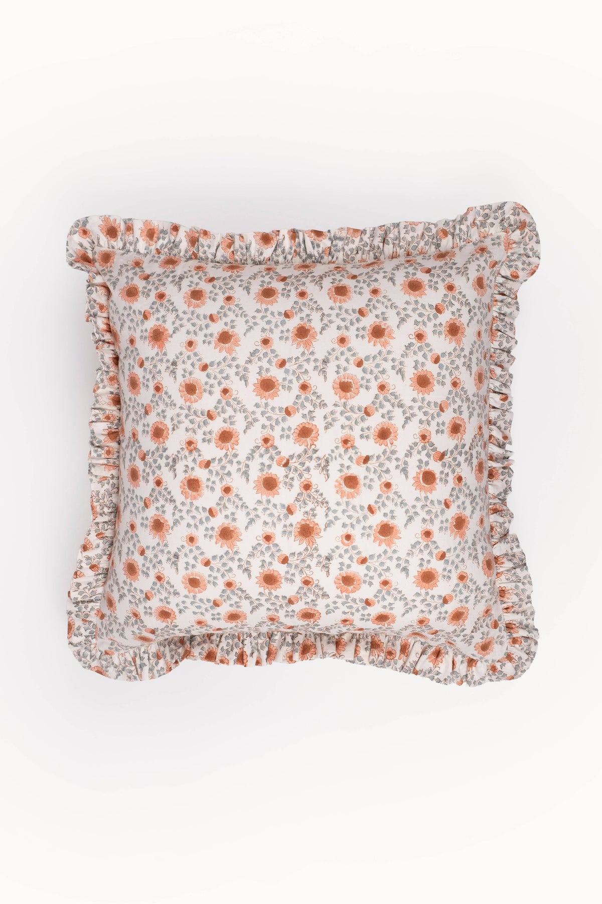 Apricot & Sage Ruffle Blockprint Pillow Cover
