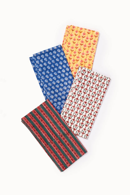 Parijat Blue Floral Large Buti Block Print Napkins(Set of 4)