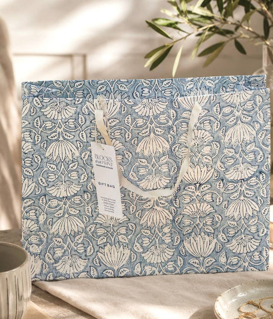 Large Set of 5 Hand Block Print Gift Bag - Lotus Blooms