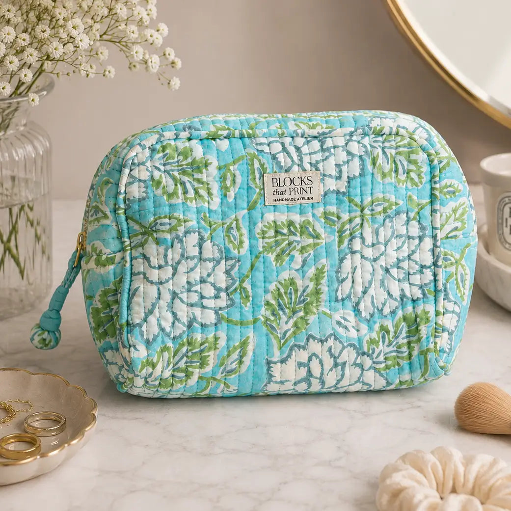 MINT & AQUA BLOCK PRINTED TRAVEL POUCH - LARGE