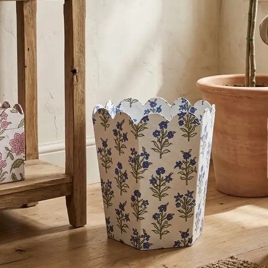 PRE ORDER - BLUE FLORAL HAND BLOCK PRINT WASTE BIN (COLLAPSIBLE)