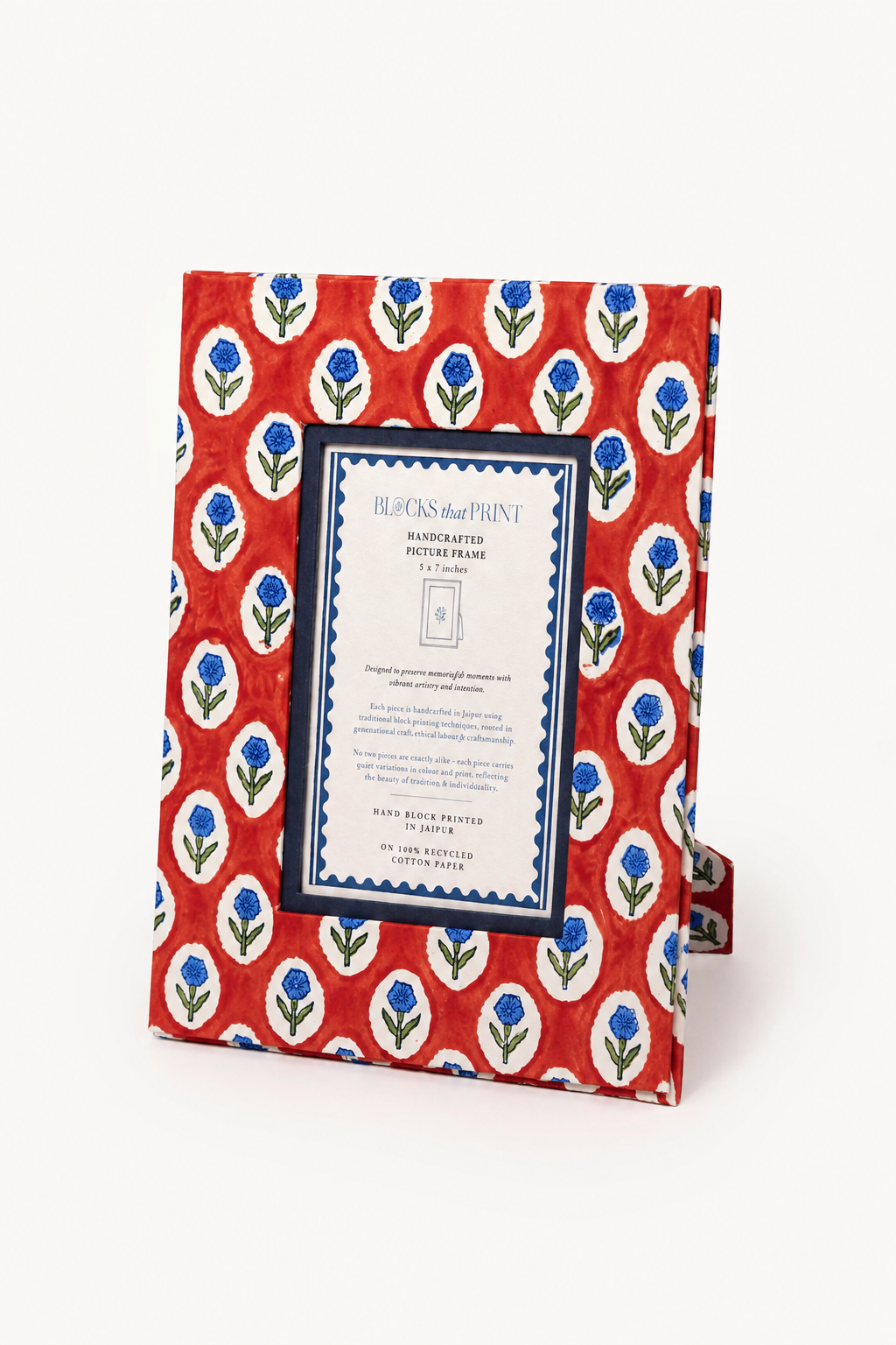 Large Crimson Buta hand block print photo frame on a white background