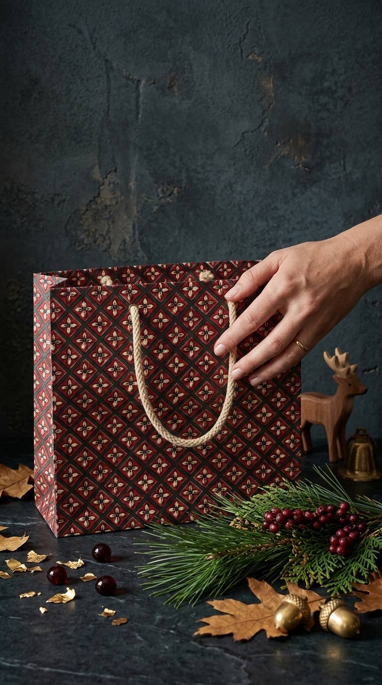 Medium Crimson Buta Gift Bags - Block Print (Jute Handles) image 1