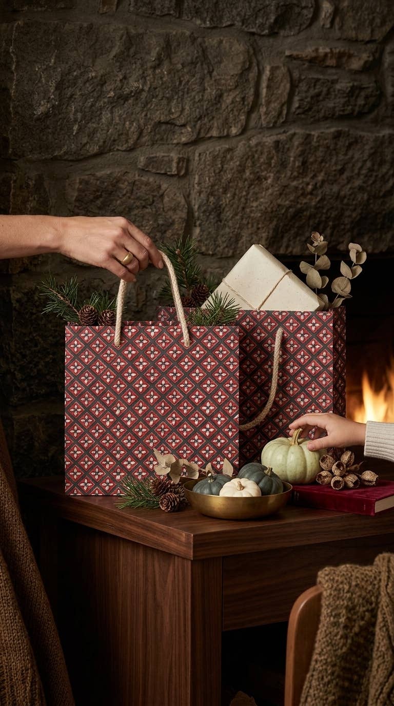 Medium Crimson Buta Gift Bags - Block Print (Jute Handles) image 3