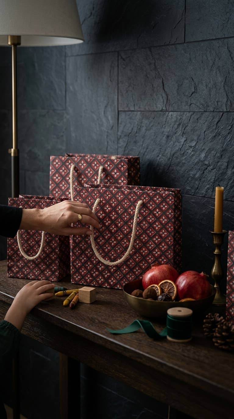 Medium Crimson Buta Gift Bags - Block Print (Jute Handles) image 4