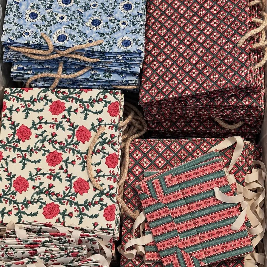 Medium Crimson Buta Gift Bags - Block Print (Jute Handles) image 6