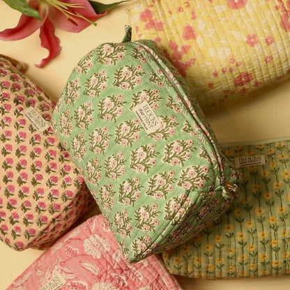 Green Bougainvillea Hand Block Print Pouch - Large