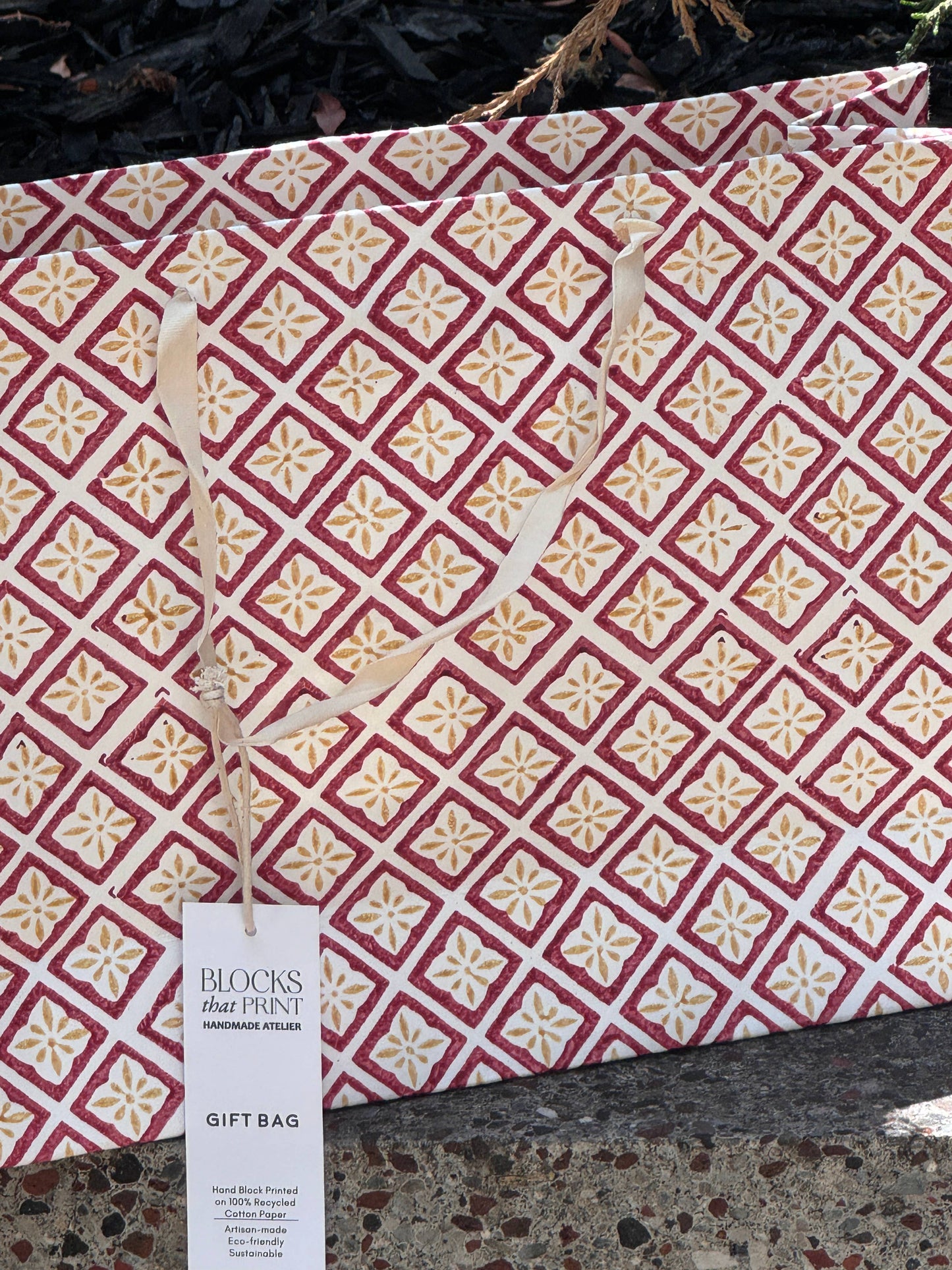 Large Set of 5 Hand Block Print Gift Bag - Ruby Sunstone