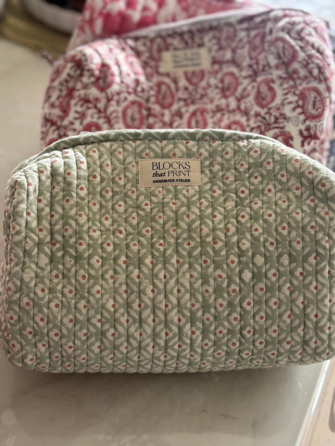 GEOMETRIC GREEN BLOCK PRINTED TRAVEL POUCH - LARGE