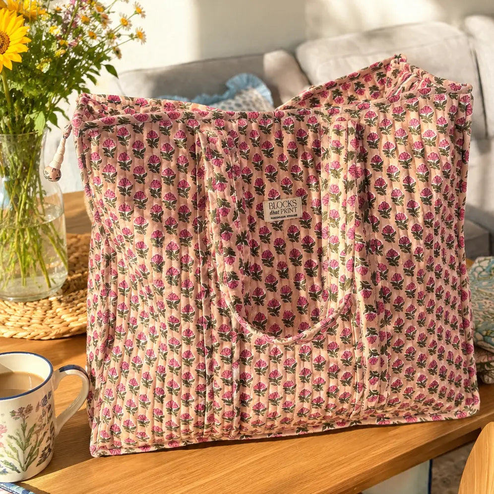 LARGE QUILTED HAND BLOCK PRINT TOTE BAG - PINK LOTUS