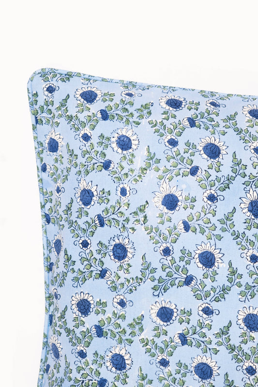 Parijat Ocean Blue Piped Blockprint Pillow Cover