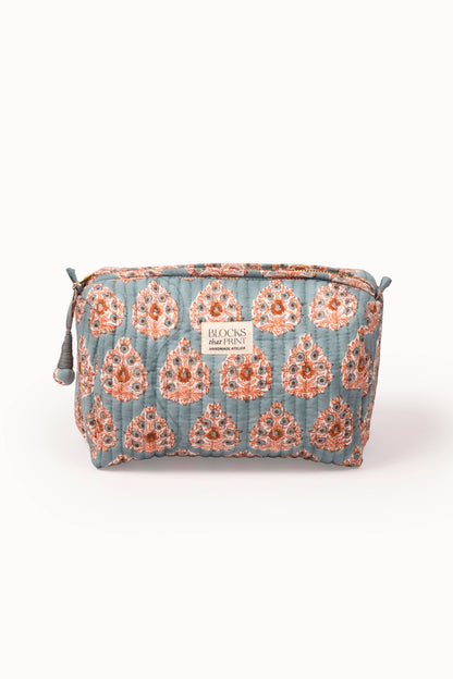Large Block Print Quilted Travel Pouch - Terracotta Buta