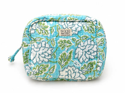 MINT & AQUA BLOCK PRINTED TRAVEL POUCH - LARGE