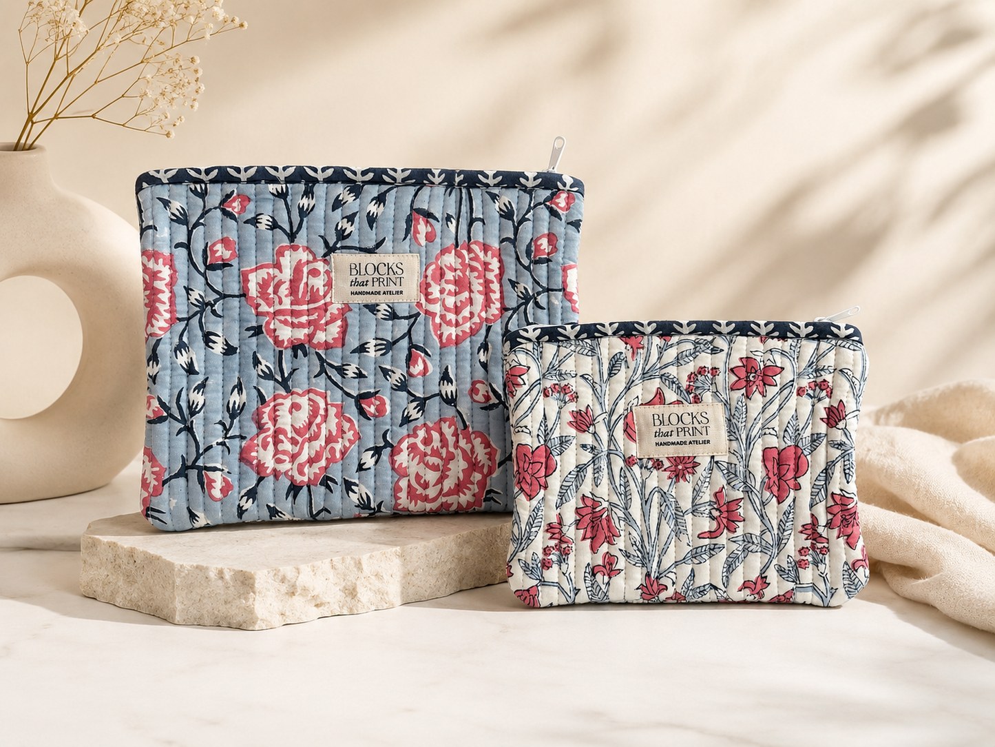SET OF 2 HAND BLOCK PRINT QUILTED POUCHES - AMER GARDENS
