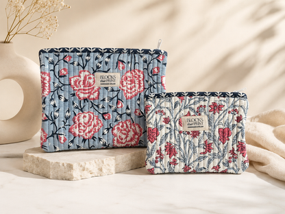 SET OF 2 HAND BLOCK PRINT QUILTED POUCHES - AMER GARDENS