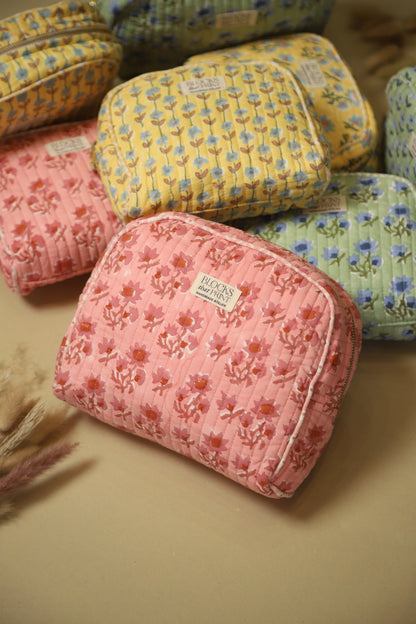 PINK BLOOM BLOCK PRINTED TRAVEL POUCH - MEDIUM
