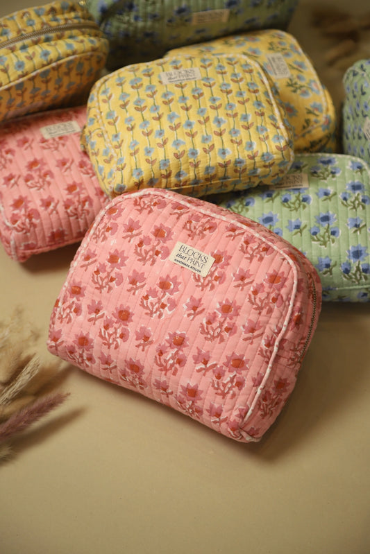 PINK BLOOM BLOCK PRINTED TRAVEL POUCH - LARGE