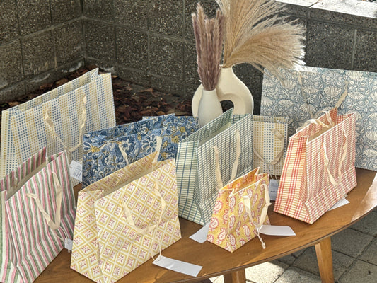 Large Set of 5 Hand Block Print Gift Bag - Lotus Buds