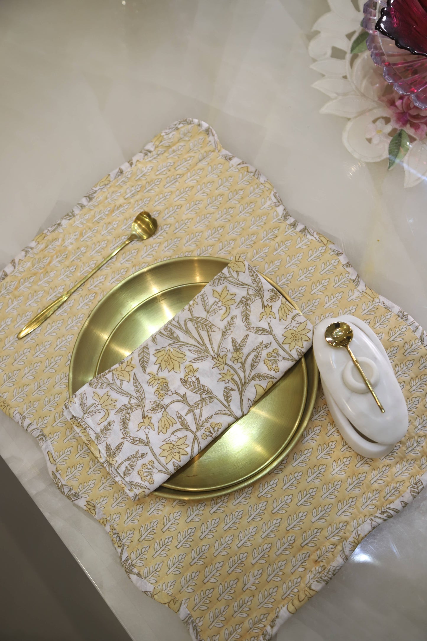 AMALTAS YELLOW BLOCK PRINTED TABLE NAPKINS (SET OF 4)
