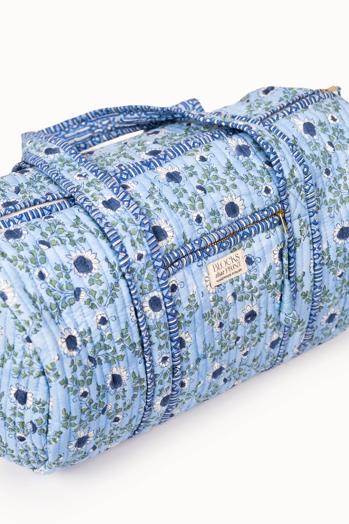Parijat Ocean Blue Block Print Quilted Duffle Bag