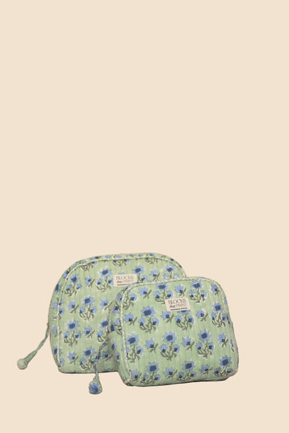 Green Bloom block print travel pouch